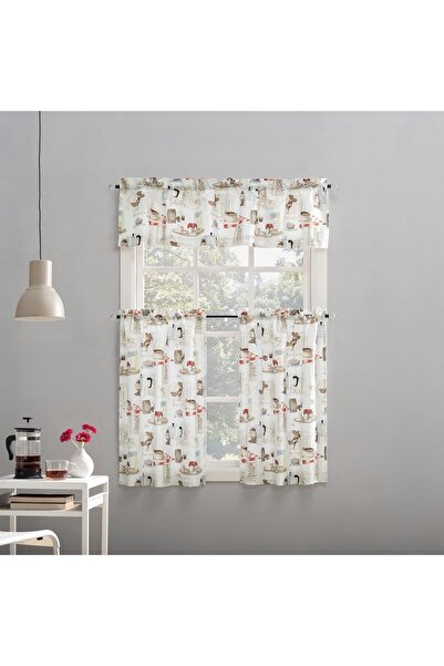 No. 918 Café-Inspired Semi-Sheer Layered Short Kitchen Curtain Set, 3 Pieces, 54" x 24", White