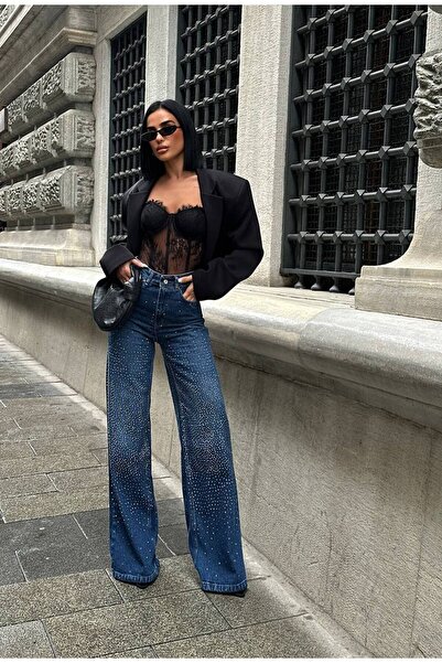 D'RECCY Women's Double-Sided High-Waist Stone-Embellished Denim Pants