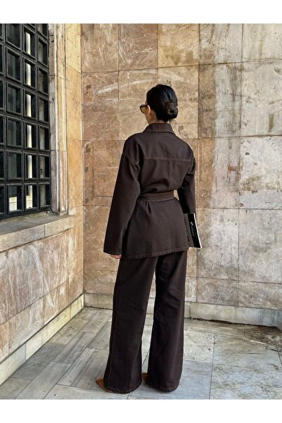 D'RECCY Women's Oversize Jacket with Belt at the Waist, Jeans Pants, Double Denim Set