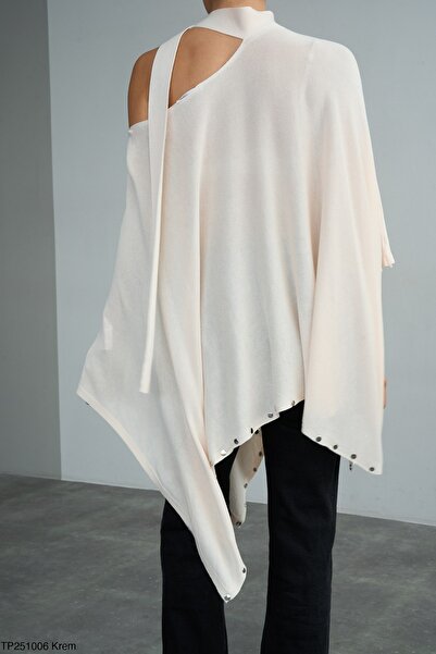 MODAMERSİ Women's Ecru Scarf Open Shoulder Oversized Poncho Sweater