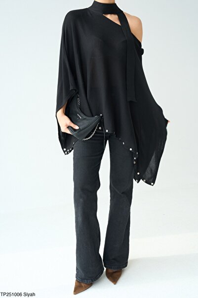 MODAMERSİ Pulover Poncho supradimensionat pentru femei, negru, cu umeri expusi