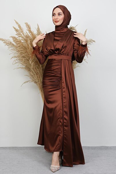 GİYZAMİLA Feathered Satin Hijab Dress Bitter Brown