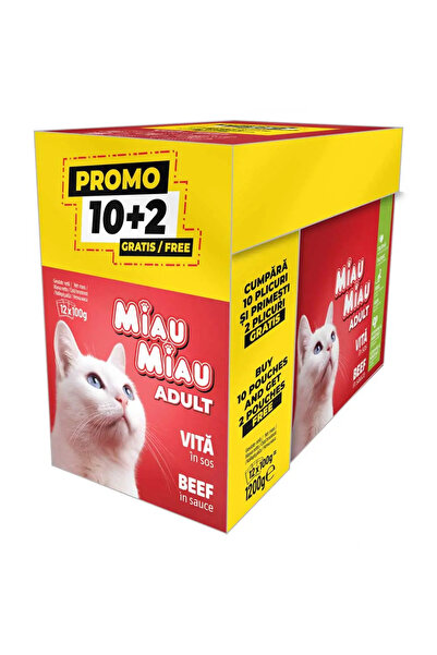 MIAU MIAU Wet Cat Food Adult, Miau Miau, Beef in Gravy, 12X100G