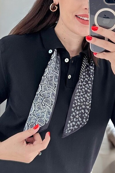 LE CARAMBOLE Women's Black Polo Neck Scarf Short Sleeve Knitwear Sweater