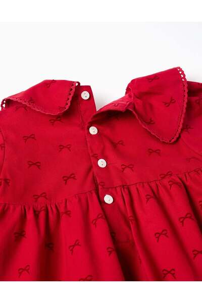 Ziddy Long sleeve twill dress with velvet bow motif for baby girls, red