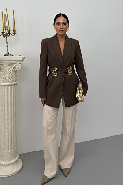 spirituel Women's Blazer Jacket Stylish Double-Breasted Collar Padded Jacket with Gold Belt Detail