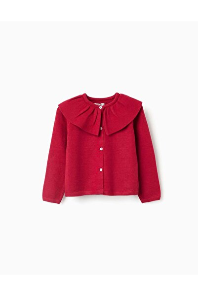 Ziddy Knit cardigan with ruffled maxi collar for girls, red