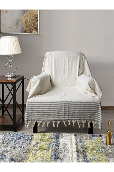 Bumedo Buldan İşi Cotton 2-Piece Armchair Cover Set 180X150 cm - Woven Fabric Covering the Arms - Cream Gray