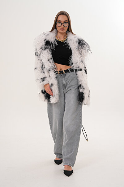 NAVY Midi Length Long Fur Belted Leopard Shawl Collar Coat