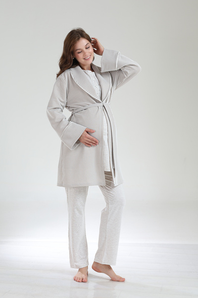 LOHOUSE Women's Beige Melange Jacquard Shawl Collar Winter Special Design Maternity Pajama Set