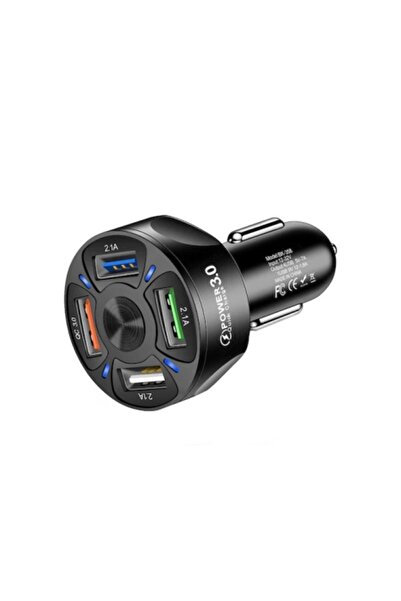 DELUXETUNING USB Car Charger with LED Light, 3 A, QC 3.0, 4 USB Ports, Fast Charging, Black