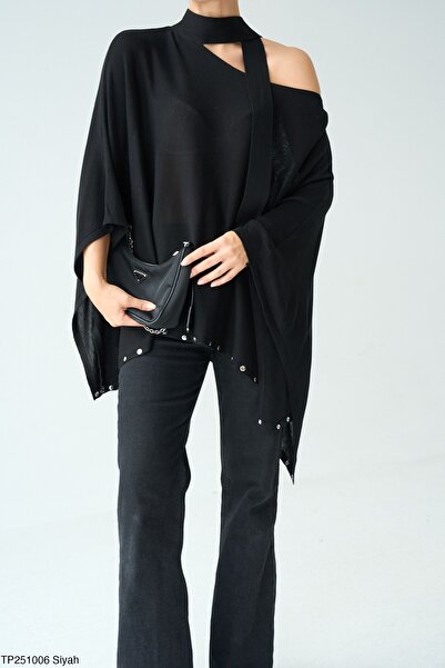 LE CARAMBOLE Women's Black Scarf Open Shoulder Oversized Poncho Sweater