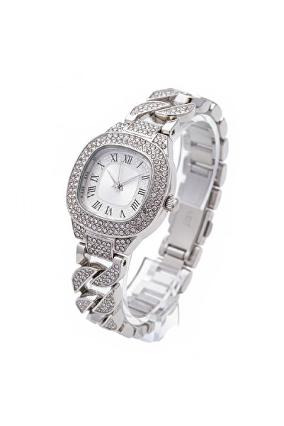 Nicevia Silver Luxury-Looking Women's Stone Watch with Auger Model Strap Decorated with Zircon Stones
