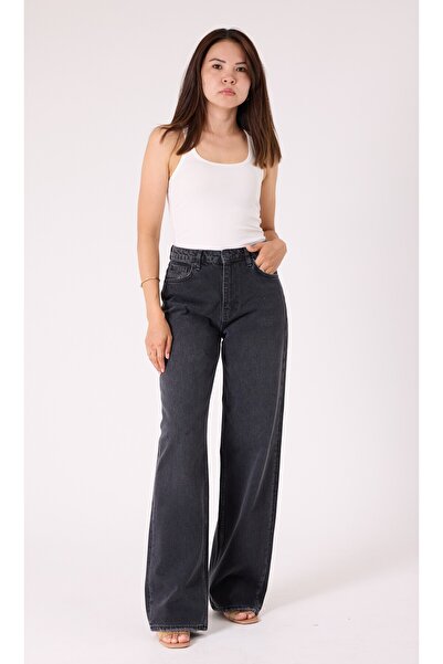 cracpot Kadın Koyu Füme Renk Loose Fit Kumaş %100 Koton Denim Jean
