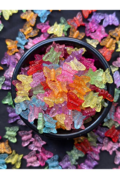 Bijumix Aksesuar 50 Adet Şeffaf Karışık Renkli Kelebek Boncuk 15.5x13 mm – Ta...