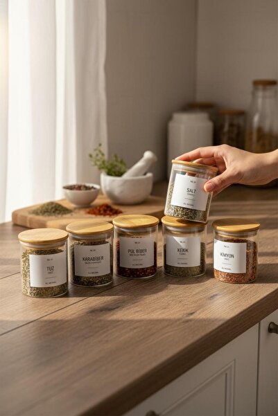 ANJEAHOME Novi 6-Piece 300 ml Glass Spice Jar Set |   Bamboo Lid & Label Included |   Healthy & Minimalist
