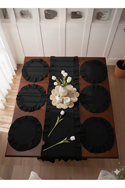 Uçkan home Ruffled Black Linen 1 Runner 6 American Placemats - 7 Piece Dowry Set