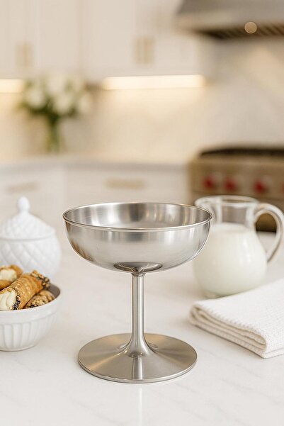 isra kristal Single Stainless Steel Luxury Pedestal Serving Bowl - Ice Cream Bowl, Jam Bowl, Turkish Delight Bowl, for Dessert and Appetizer