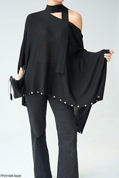 MODAMERSİ Pulover Poncho supradimensionat pentru femei, negru, cu umeri expusi