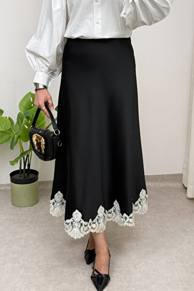 Salih Çelebi Dantel Detaylı Saten Etek 0038 - SİYAH
