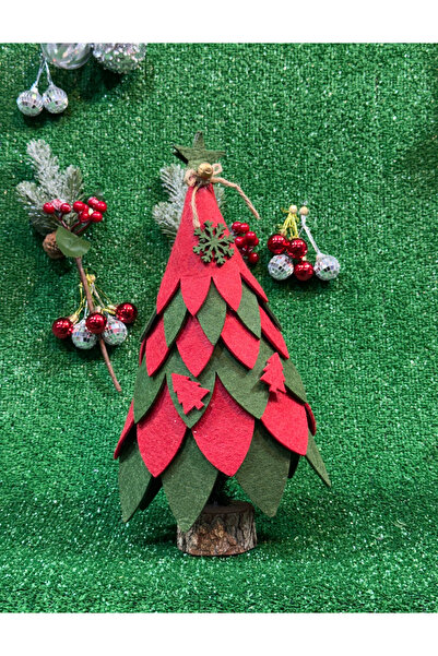 Cansüs 40 cm Keçe Yapraklı Noel Ağacı | Ahşap Tabanlı Dekoratif Büyük Boy Yılbaşı Figürü