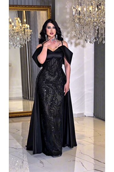 Zena Fashion Kraliçe Stili Kristal Baskı Pelerinli Abiye Siyah