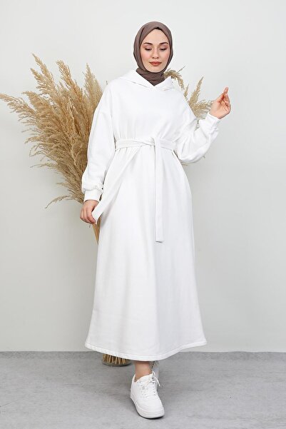 GİYZAMİLA Fleece-Lined Pocket Dress White