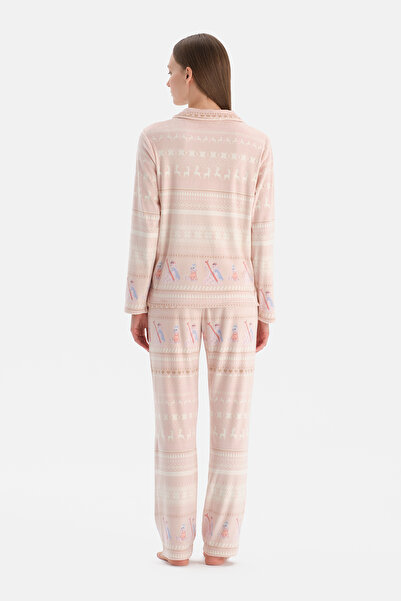 Dagi Milk Coffee Printed Velvet Shirt Trousers Pajama Set