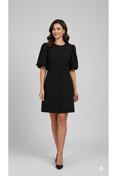 LA PANTE Front Wave Cut Fabric Covered Button Detail Dress