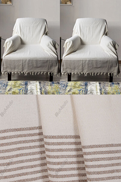 Bumedo Buldan İşi Cotton 2-Piece Armchair Cover Set 180X150 cm - Woven Fabric Covering the Arms - Cream Brown