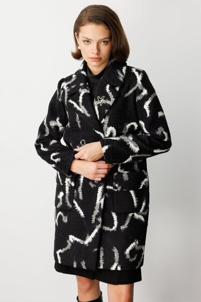 Ekol Patterned Coat with Brooch on the Collar
