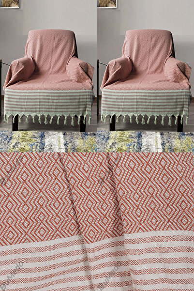 Bumedo Buldan İşi Cotton 2-Piece Armchair Cover Set 180X150 cm - Woven Fabric Covering the Arms - Tile