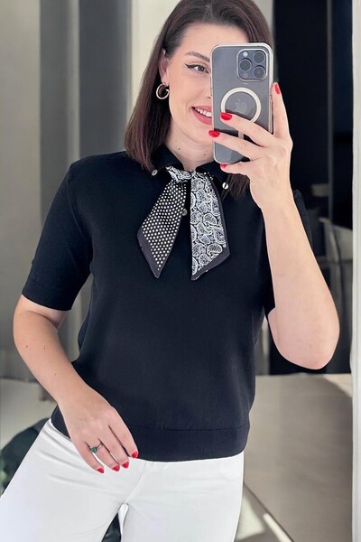 LE CARAMBOLE Women's Black Polo Neck Scarf Short Sleeve Knitwear Sweater