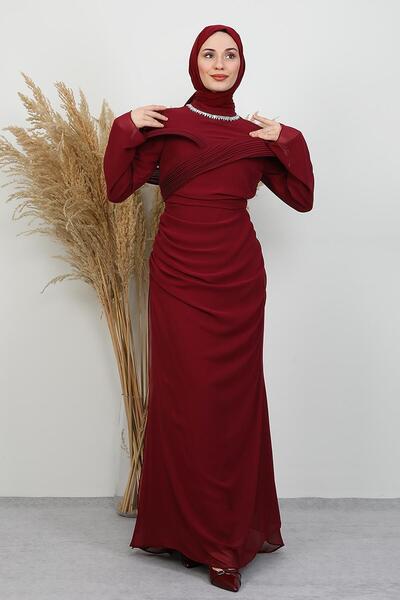 GİYZAMİLA Açangül Chiffon Evening Dress Burgundy