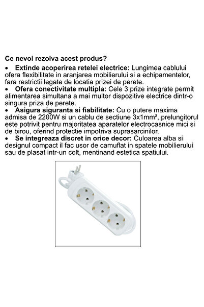 Diversi Producatori Prelungitor cu 3 prize, cablu de 2 m, 2200 W, alb, ideal versatil