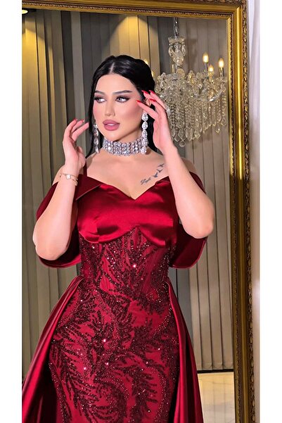 Zena Fashion Kraliçe Stili Kristal Baskı Pelerinli Abiye