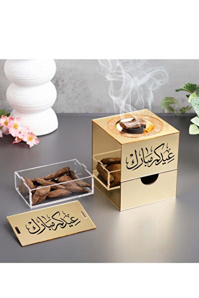 Story of candle مبخرة بخور مع عود مروكي و ولاعة وفحم وملقاط بعبارة "عيدكم مبارك" مصنوعه من الاكريلك اللامع والشفاف