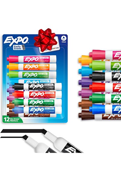 Expo Dry Erase Whiteboard Markers, Low Odor, Fast Drying, Chisel Tip, Assorted Colors, 12-Pack