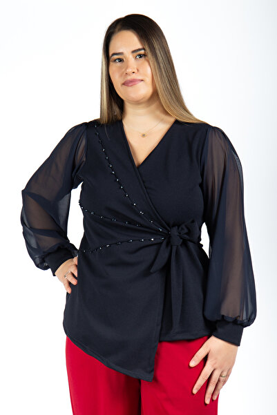 MEDOL GİYİM Kadın Büyük Beden Kruvaze Yaka Şifon Kol Taş şerit boncuk Detaylı...