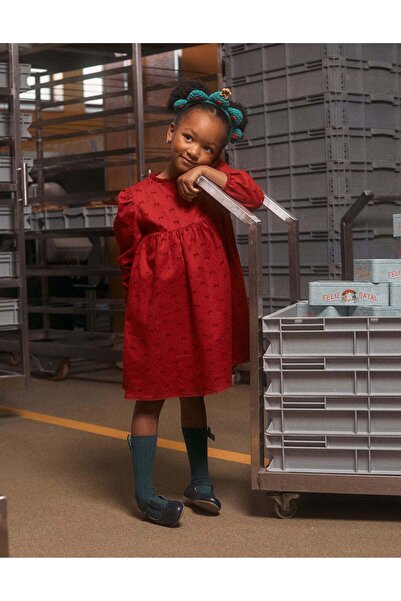 Ziddy Long sleeve twill dress with velvet bow motif for girls, red