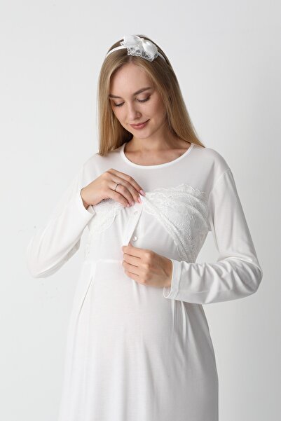 ERDENİZ TEKSTİL Maternity-Nursing Nightgown Set of 2 with Dressing Gown, Lace, Long Sleeves, and Nursing Detail