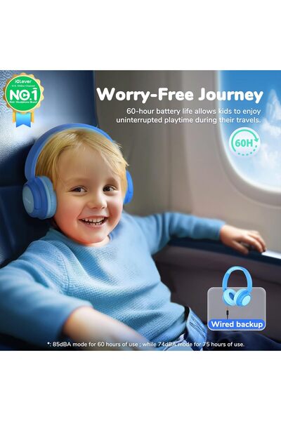 iClever Kids Wireless Headphones BTH22, 60H, 74/85dBA Safe Volume, Bluetooth 5.4, USB-C, Over-Ear