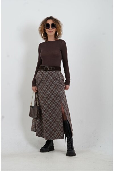 Zelish My Sister Кафява пола с колан и плисета в тартан