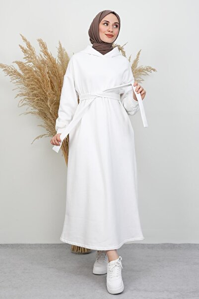 GİYZAMİLA Fleece-Lined Pocket Dress White