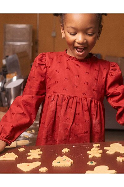 Ziddy Long sleeve twill dress with velvet bow motif for girls, red