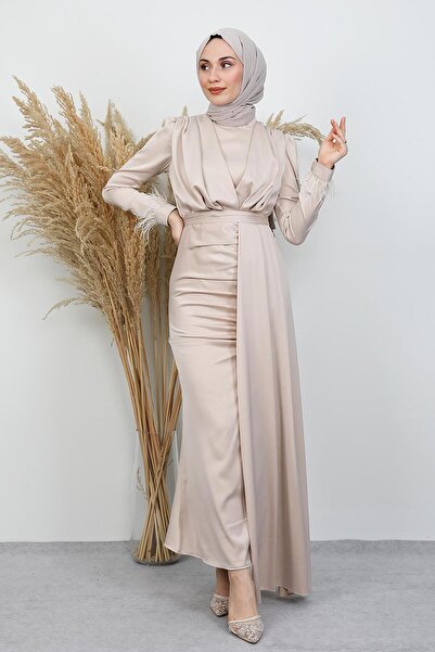 GİYZAMİLA Feathered Satin Hijab Dress Cream