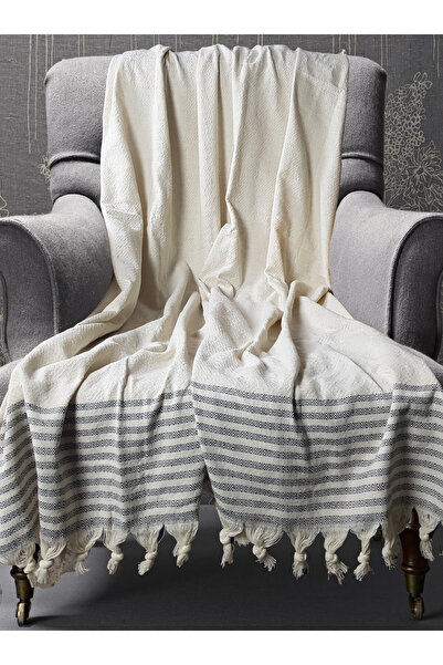 Bumedo Buldan İşi Cotton 2-Piece Armchair Cover Set 180X150 cm - Woven Fabric Covering the Arms - Cream Gray