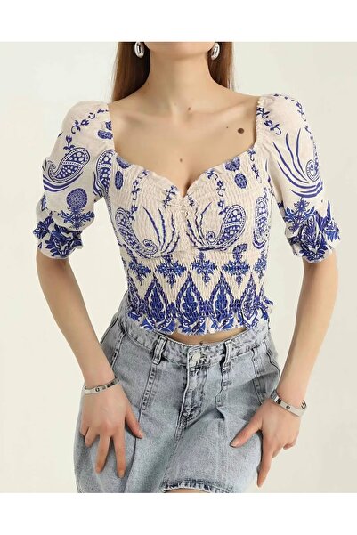 Butik Lena Saks Mavisi Gipeli Desenli Viskon Kadın Bluz
