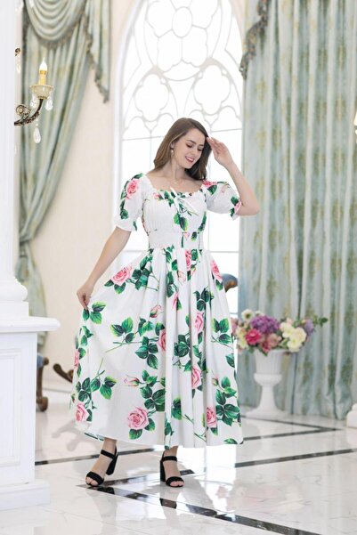 Stylish فستان ناعم طويل باللون الأبيض المورد