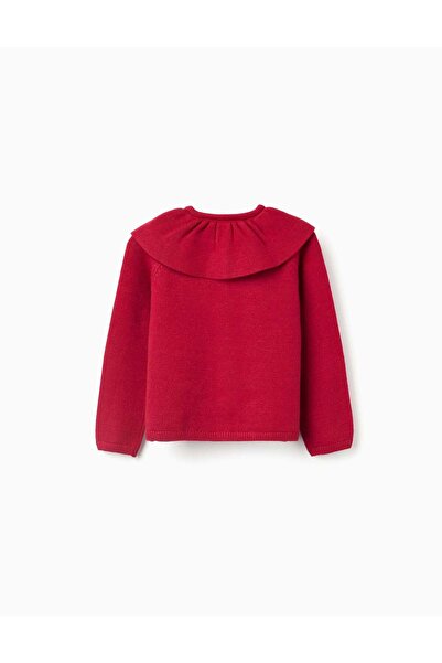 Ziddy Knit cardigan with ruffled maxi collar for girls, red